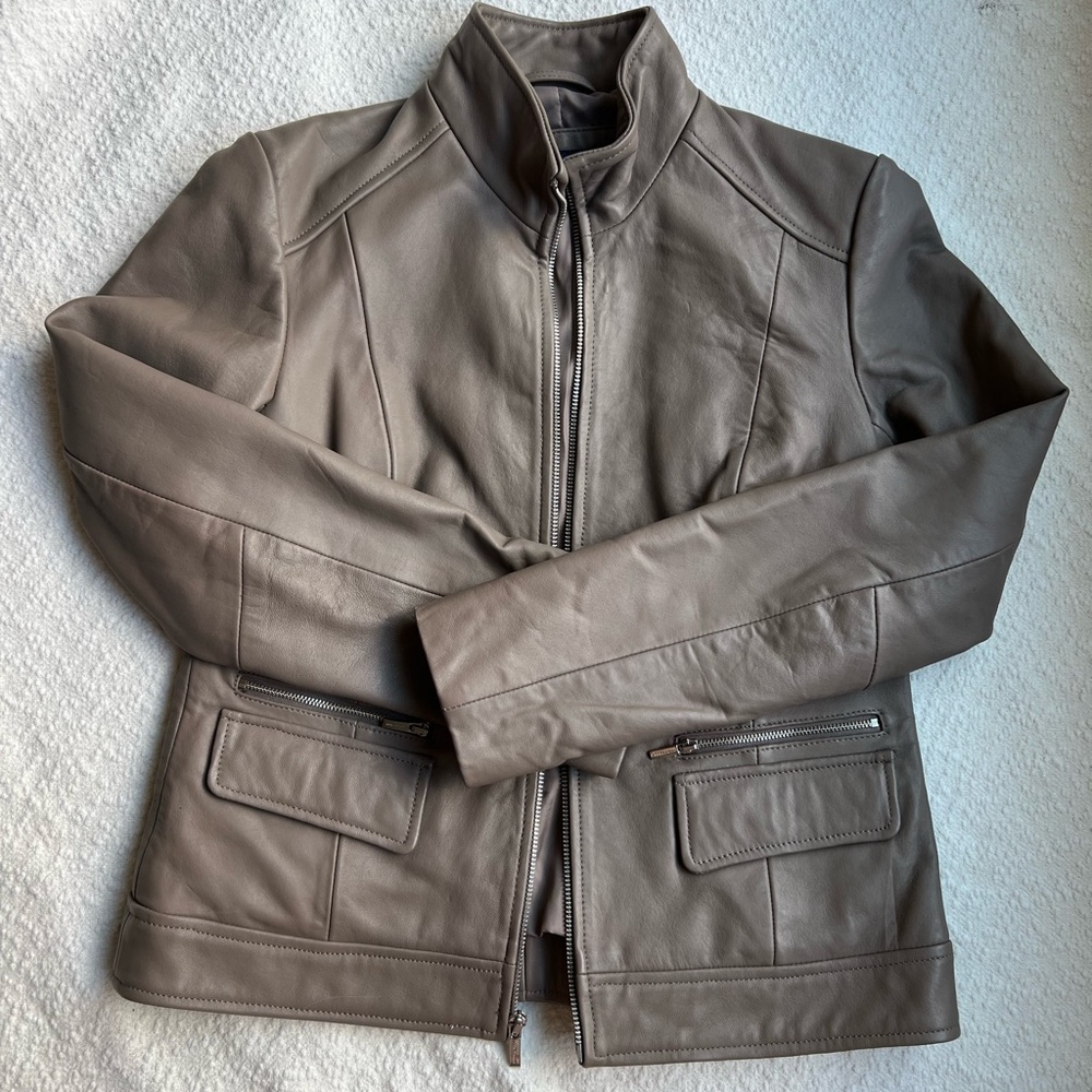 Cole Haan Taupe Genuine Lambskin Leather Moto Jacket - Small